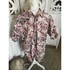 Pete Huntington Bali Shirt Mens Pink Cotton Leaves Hawaiian Casual Size XL